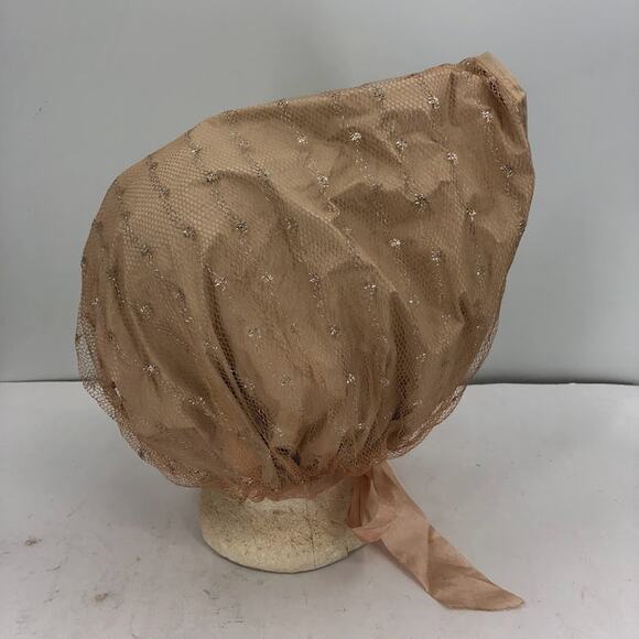 Vintage 1950\'s Hair Bonnet Vinyl w/ Metallic Mesh Overlay Neck Tie Curlers NUDE main image 10